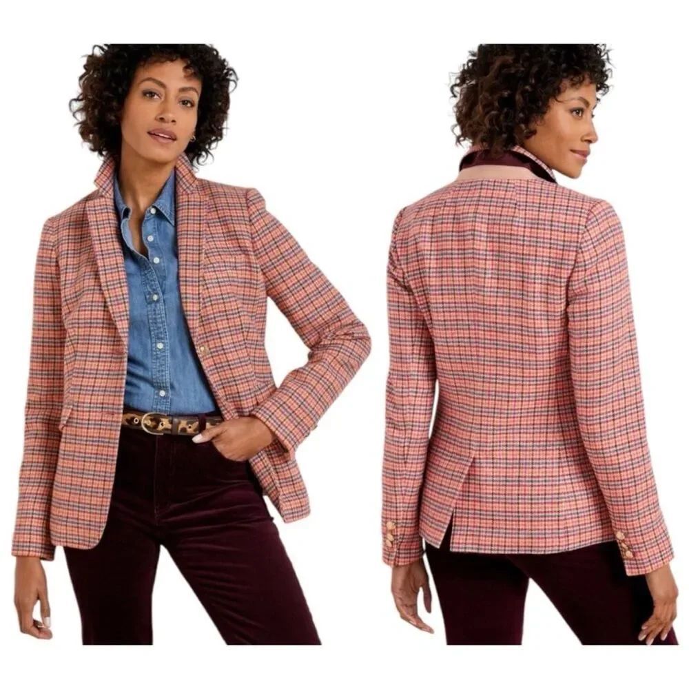 Talbots $199 Classic Shetland Wool Blend Blazer-Apple Plaid-Size 14